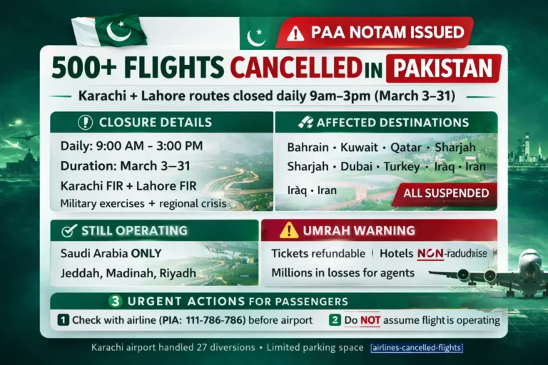 Karachi and Lahore FIR routes closed daily 9am to 3pm from March 3 to March 31 with 500+ Pakistan flight cancellations, Middle East disruption spillover, rerouting impact on Gulf and Turkey routes, Umrah travel warning, and passenger checks before airport