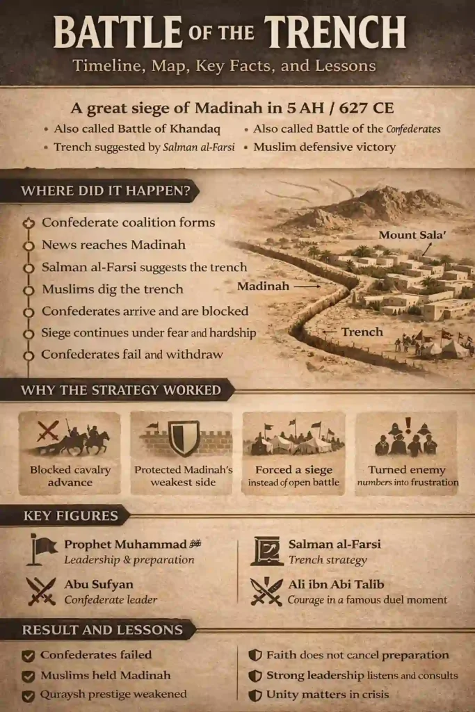 Khandaq battle timeline and Medina map summary with trench defense layout, key figures (Salman al-Farsi, Abu Sufyan), confederate siege outcome, Surah Al-Ahzab reference, and main strategy lessons (627)