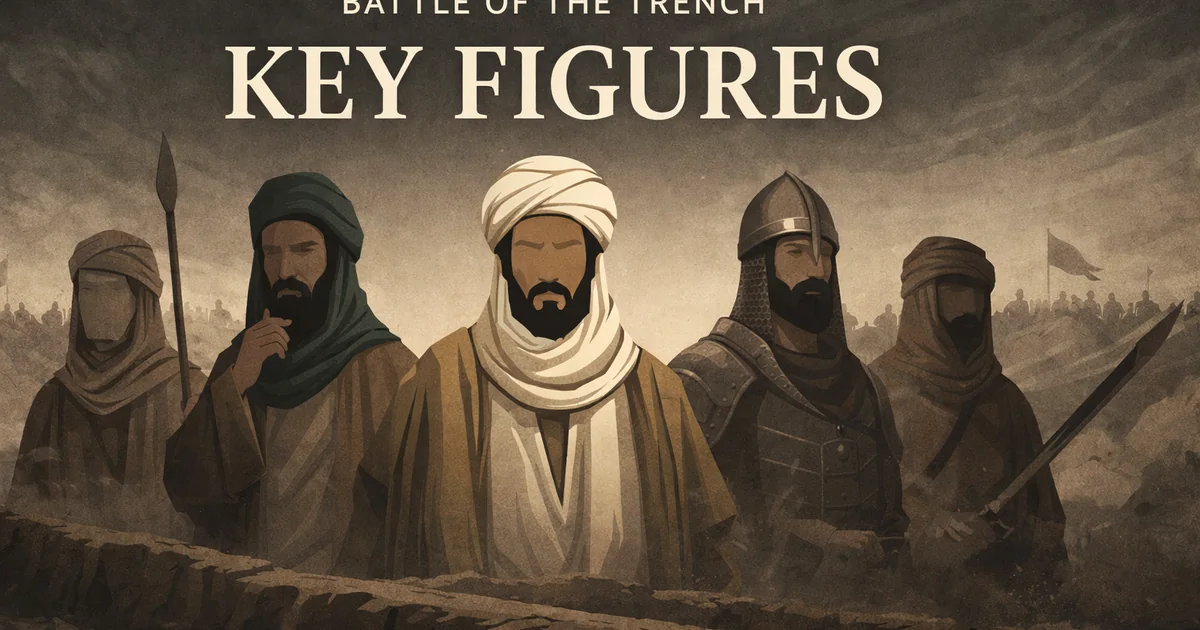 Battle of the Trench Key Figures: The Names That Shaped Khandaq 1 Khandaq leadership lineup showing central Medina leadership with Salman al-Farsi trench planner, Abu Sufyan confederate commander, Ali ibn Abi Talib turning-point warrior, Sa’d ibn Mu’adh defender, and Huyayy ibn Akhtab Banu Nadir influence