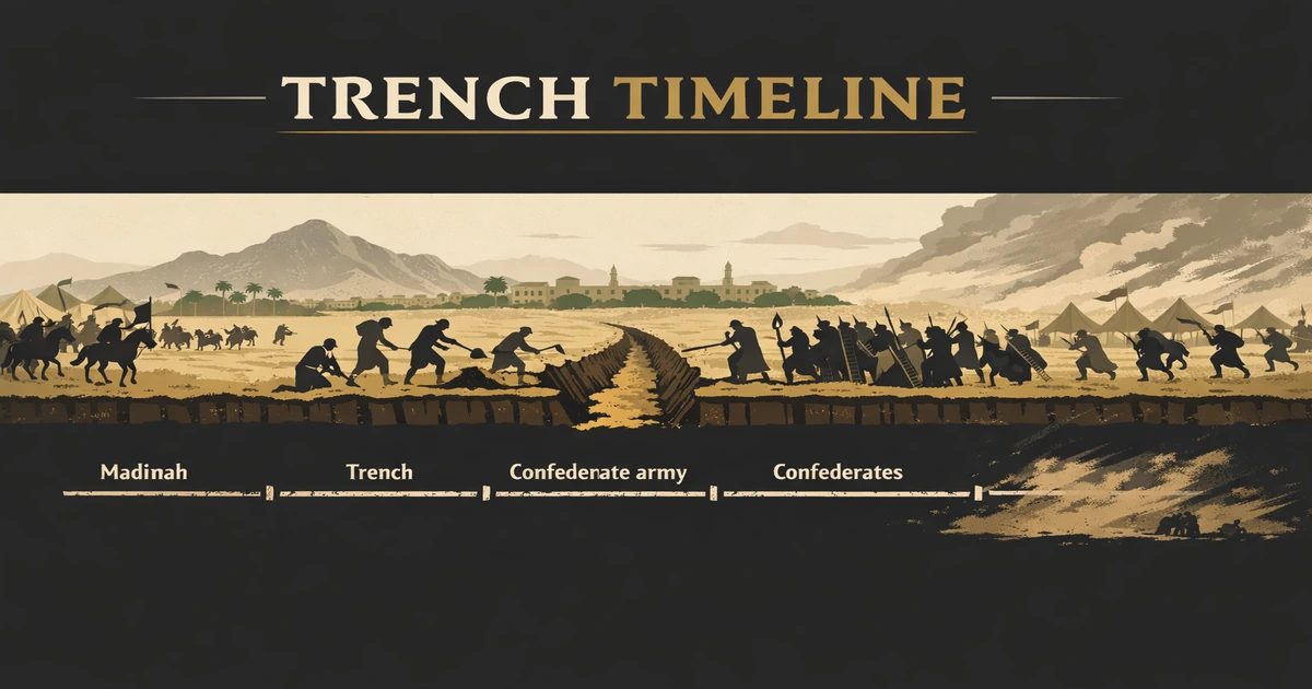 Battle of the Trench Timeline: Key Events in Order 1 Khandaq siege of Madinah key events in order showing trench strategy, confederate arrival, failed crossing attempts, duel moment, Mount Sala command point, alliance breakdown, and windstorm withdrawal (5 AH / 627 CE)