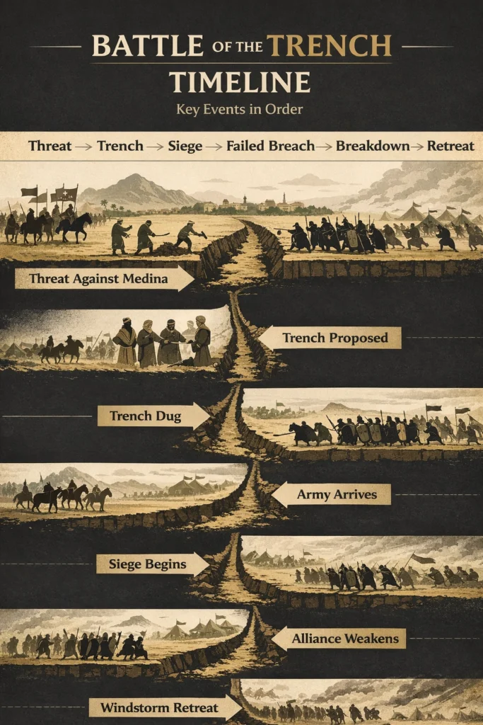 Battle of the Trench Timeline: Key Events in Order 2 Infographic timeline of the Khandaq siege sequence: pre-siege threat, trench digging stage, confederate shock at the trench, stalemate pressure inside Madinah, crossing attempts, key turning points, and final withdrawal after the windstorm