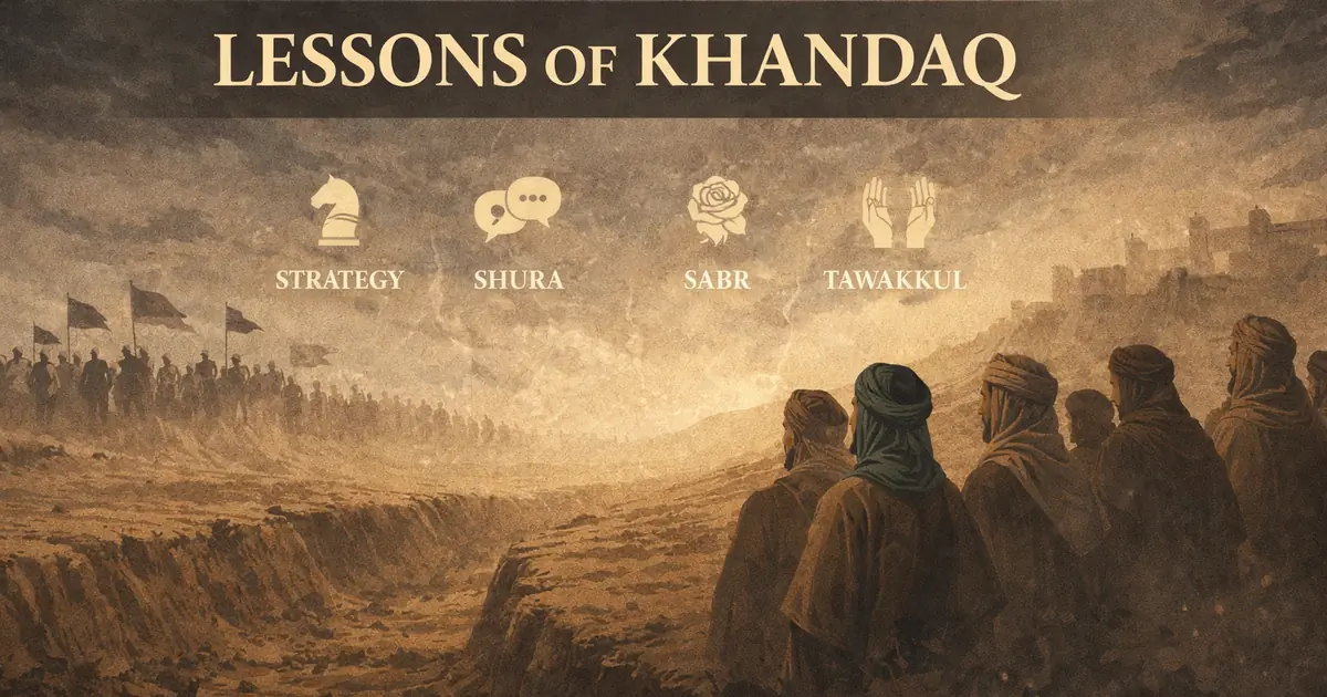 Khandaq lessons cover strategy under siege, shura and expert advice, teamwork and unity, sabr in hardship, tawakkul with taking means, and crisis leadership from Surah Al-Ahzab (2026)