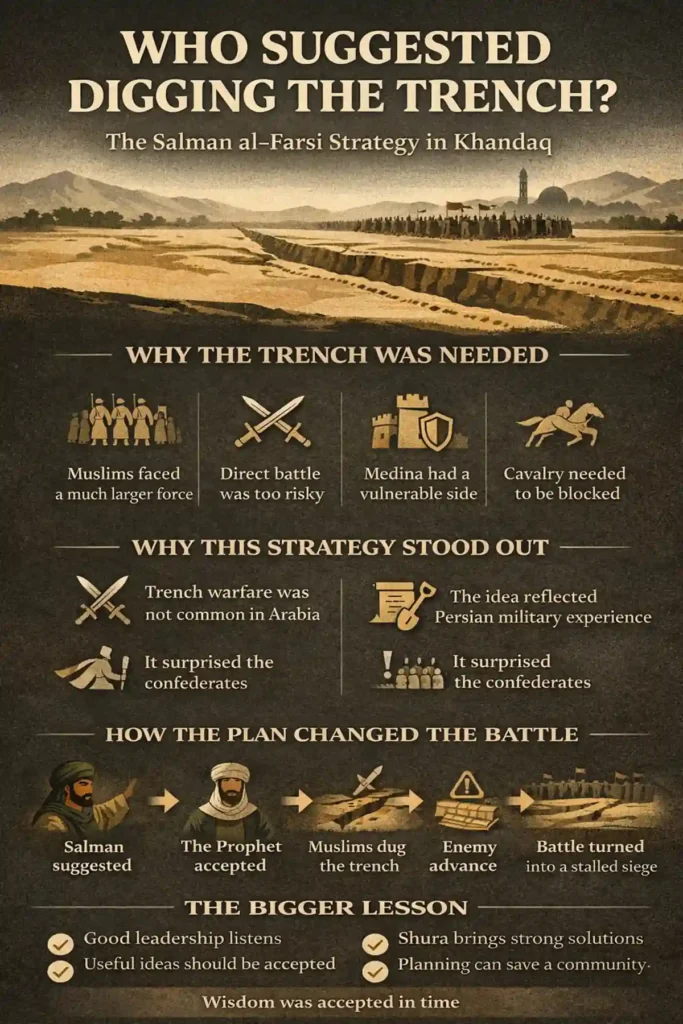 Who Suggested Digging the Trench? The Salman al-Farsi Strategy in Khandaq 2 Infographic on Khandaq trench strategy covering who proposed it (Salman al-Farsi), why it was accepted, where it was dug near Mount Sala, how digging was organized, and why the confederates struggled
