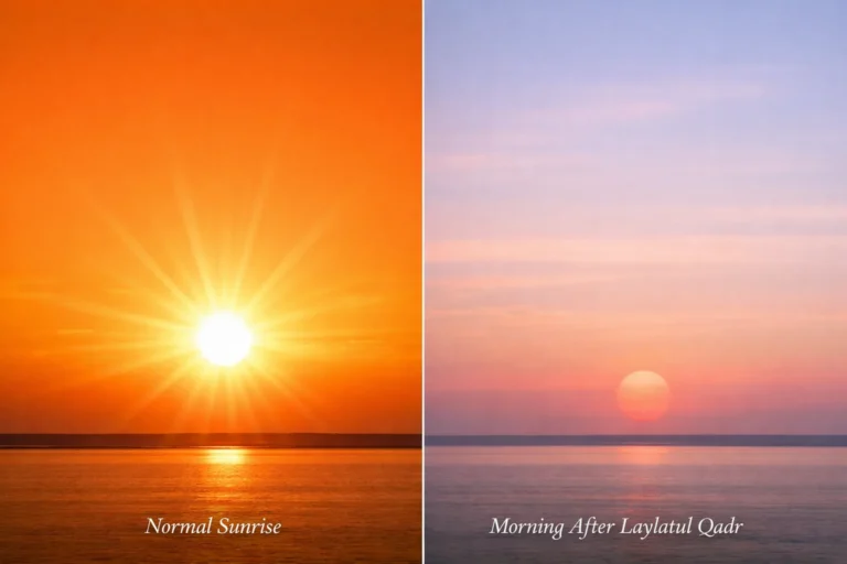 Laylatul Qadr sunrise sign explained from hadith with sun without harsh rays, brass dish meaning, timing after Fajr, real-life look vs haze, and myths to ignore (2026)