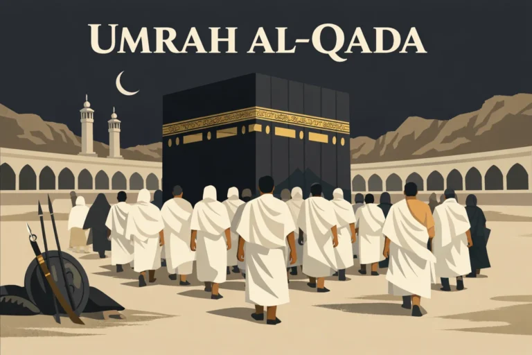 Make-up Umrah after Hudaybiyyah explained with return to Makkah in 7 AH, Dhul Qadah timing, peaceful entry rules, weapons kept outside the Haram, and three-day stay lessons