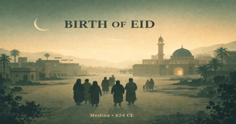 Medina 624 CE origin timeline with Shawwal first-days context, replacement of earlier festival days narration, Eid prayer role, Zakat al-Fitr before prayer, and why fasting is forbidden on the celebration day (2026)