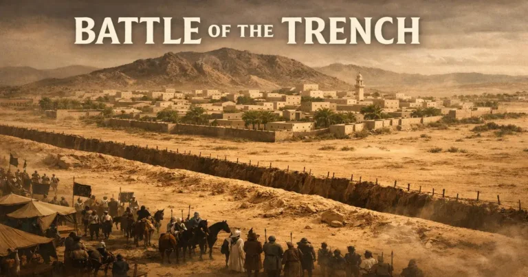 Strategic siege of Medina illustration showing the Khandaq trench defense, confederate forces blocked outside, Mount Sala’ location cue, 627 timeline context, and Surah Al-Ahzab battle lesson theme