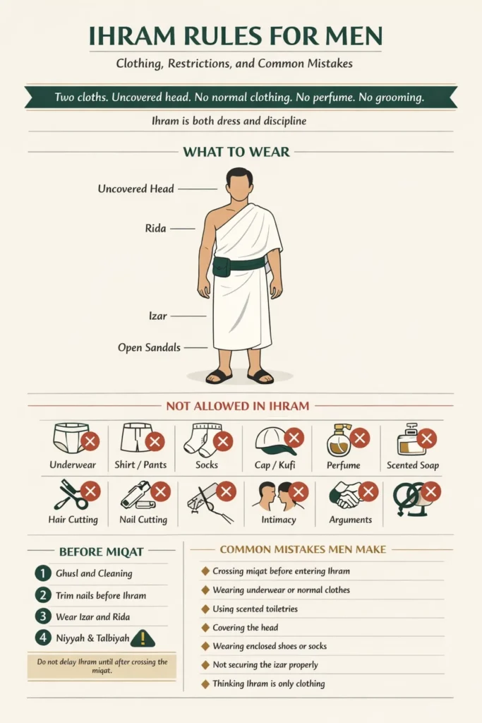 Men’s ihram checklist infographic covering miqat entry, niyyah and talbiyah, izar and rida setup, head/face rules, footwear requirements, common mistakes (underwear, scented soap, head covering), and what triggers damm or fidyah