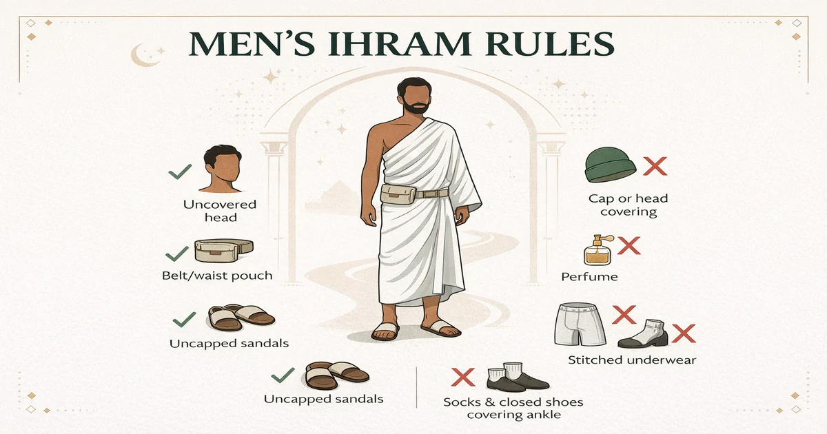 Men’s ihram clothing and restriction guide showing izar and rida, uncovered head rule, allowed sandals vs ankle-covering shoes, common prohibitions (perfume, hair/nails, intimacy), and penalty types (damm, fidyah)