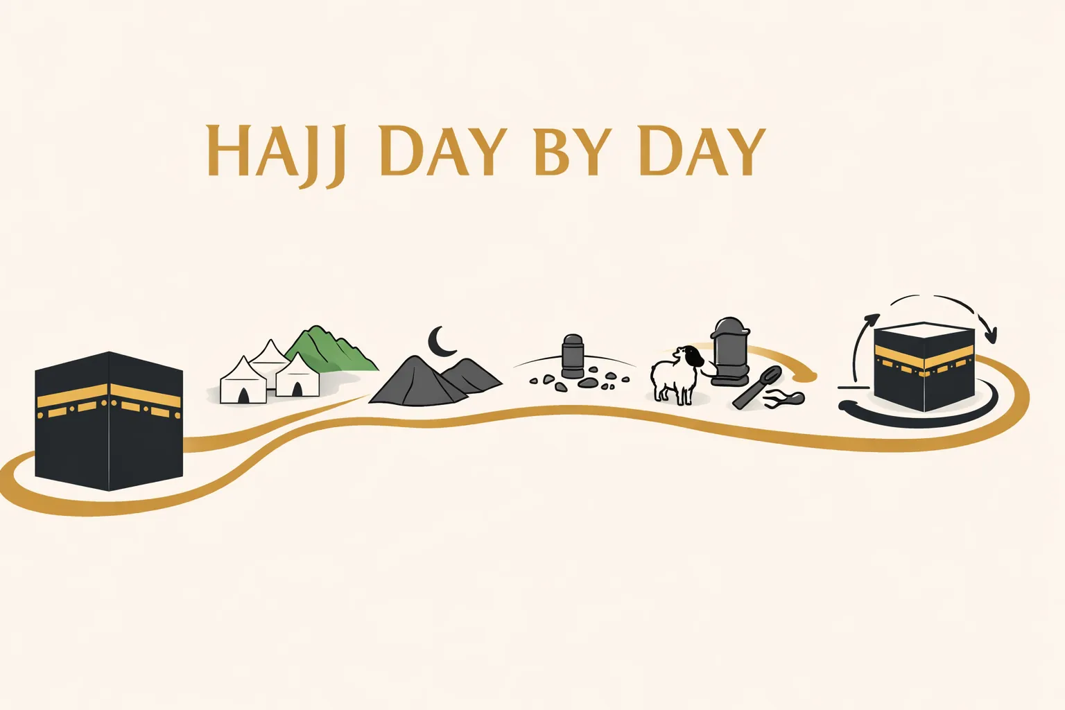 what happens each day of hajj 1 Five-day Hajj journey guide covering Mina day, Arafat standing, Muzdalifah night, Rami stoning, Qurbani, Tawaf al-Ifadah, Days of Tashreeq, and Farewell Tawaf in the correct order