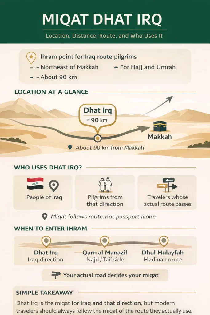 Miqat Dhat Irq 2 Miqat comparison for route-based choice versus Qarn al-Manazil and Dhul Hulayfah, explaining why the nearest point is not always the correct one.