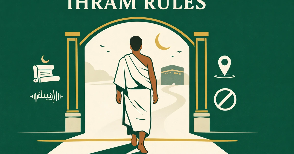 Miqat entry checklist showing niyyah, talbiyah, key prohibitions, and damm or fidyah consequences for violations