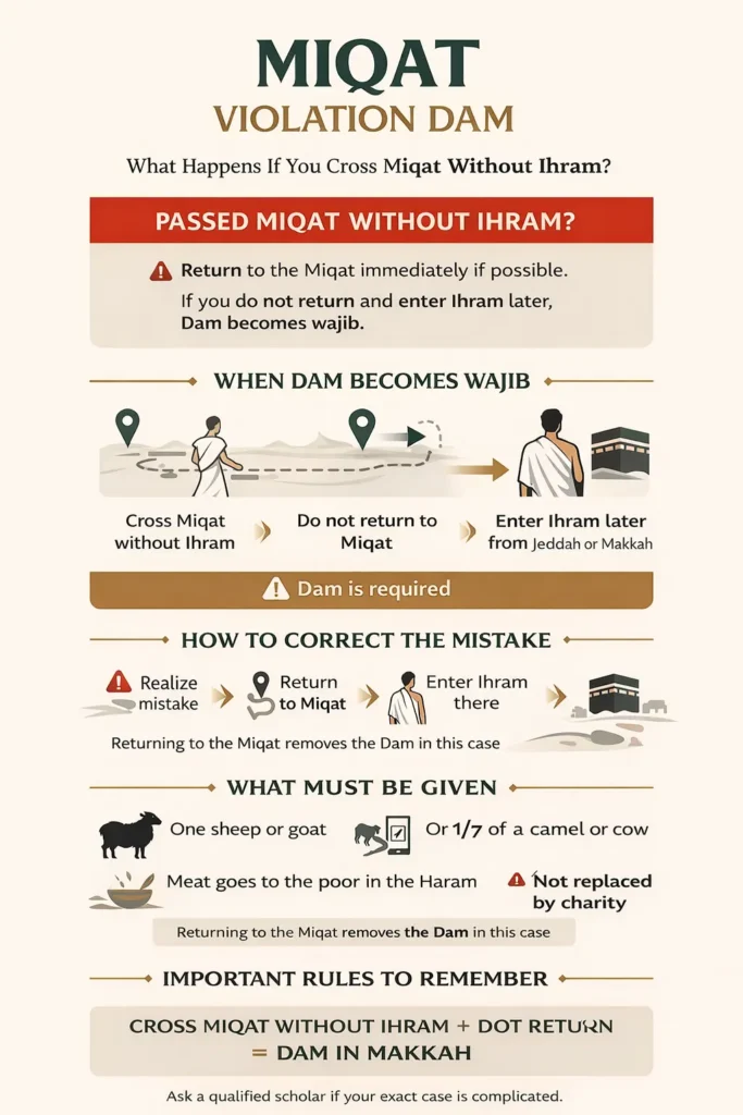 Miqat Violation Dam 2 Infographic showing what to do after missing ihram at the miqat: return immediately to the boundary, when sacrifice becomes required, where it must be done in Makkah, and late ihram in Jeddah scenarios