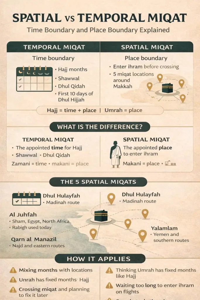 Miqat zamani and miqat makani chart with Hajj months, 5 miqat locations, and ihram boundary rules