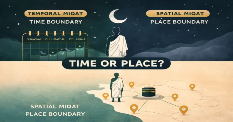 Miqat zamani vs miqat makani explained with ihram boundary rules, Hajj months timing, crossing without ihram guidance, and five miqat locations for Hajj and Umrah routes