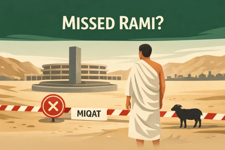 Rami Omission Dam 6 Guide to missed Jamarat stoning in Hajj covering when a sacrificial penalty applies, partial pebbles rules, proxy eligibility, timing mistakes, and where the sacrifice must be done within Haram boundaries