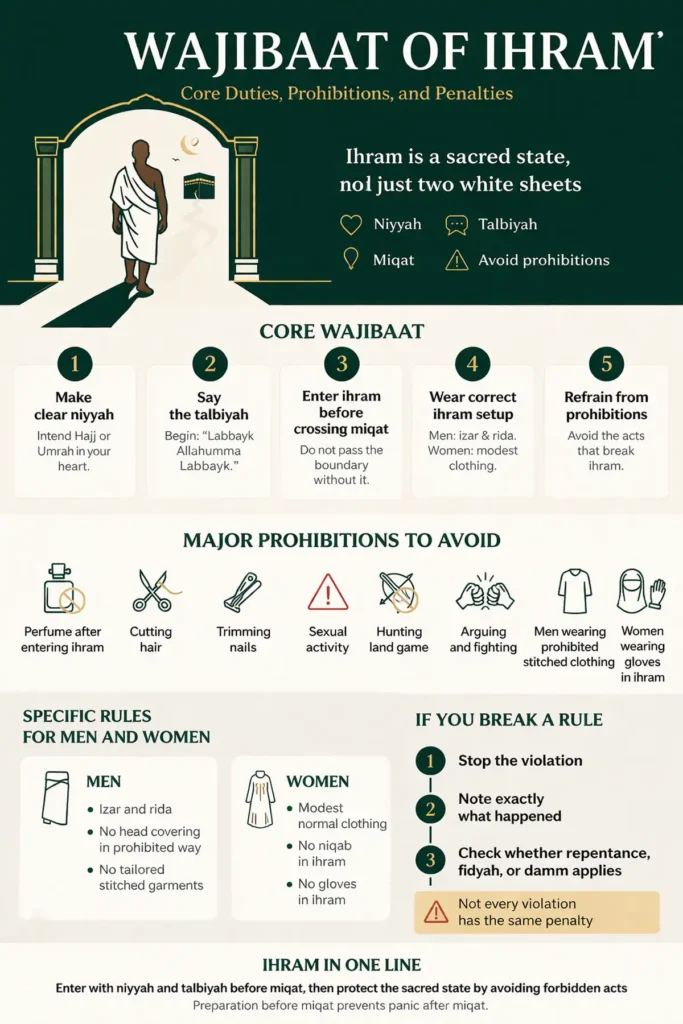 Niyyah and talbiyah at miqat with prohibitions for men and women, plus penalties summary: damm and fidyah