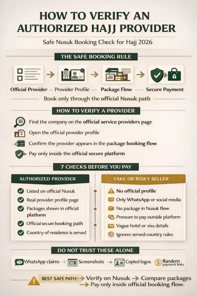 Authorized Hajj service providers verification steps on Nusuk with safety checks and fake agent warning signs