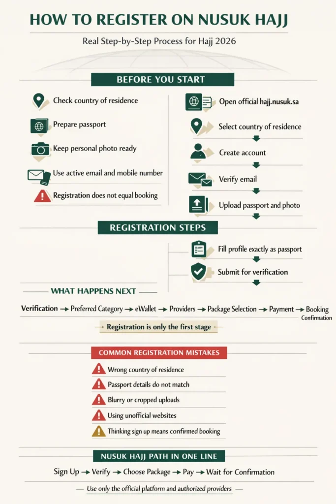 How to Register on Nusuk Hajj 2 Nusuk Hajj registration process 2026 from account creation and verification to package booking and confirmation