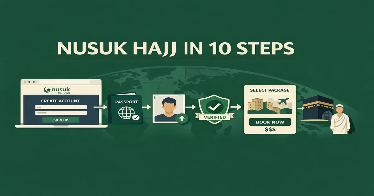 How to Register on Nusuk Hajj 1 Official Hajj platform registration steps showing account creation, email OTP verification, passport and photo upload, document review, eWallet top-up, and package booking for 2026