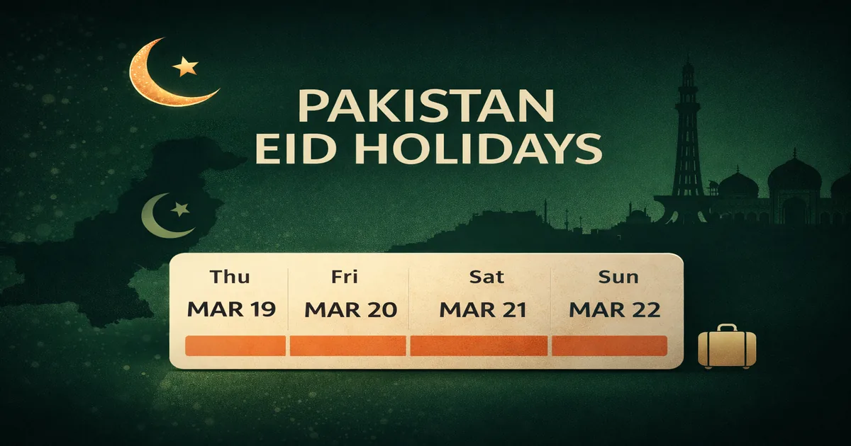 Eid Al Fitr 2026 Pakistan Holidays 1 Pakistan public holiday dates in March 2026 with two official days, four-day weekend using Pakistan Day, moon sighting dependency, and leave planning for five-day vs six-day work weeks (2026)