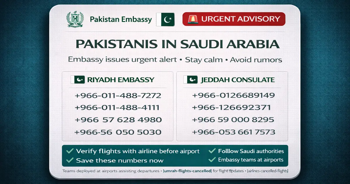 Pakistan embassy advisory in Saudi Arabia with Riyadh and Jeddah emergency contact numbers, citizen guidance to avoid rumors, follow official Saudi alerts, verify flight status before airport, and on ground assistance teams for disrupted departures