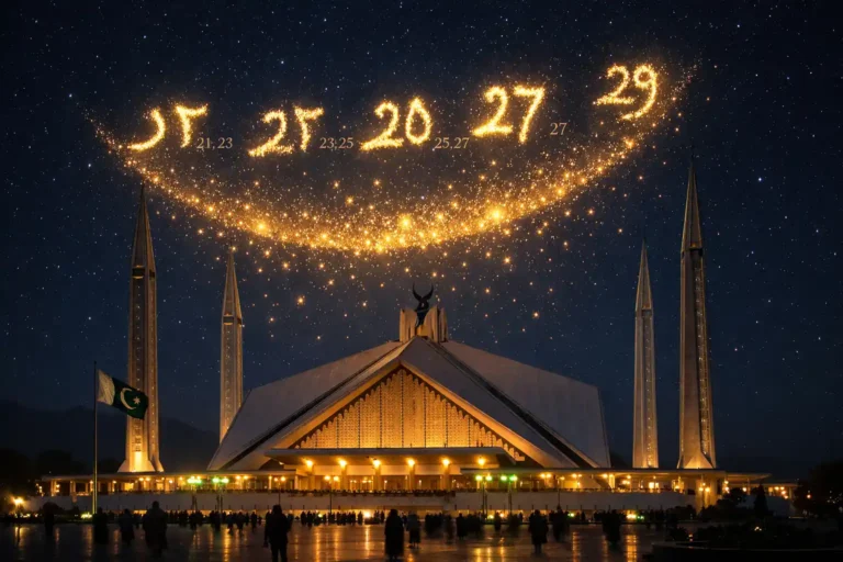 Laylatul Qadr in Pakistan 2026 guide with Ruet-e-Hilal moon sighting date shifts, odd nights list, March window explanation, city worship timing (Karachi Lahore Islamabad), and dua plus night plan