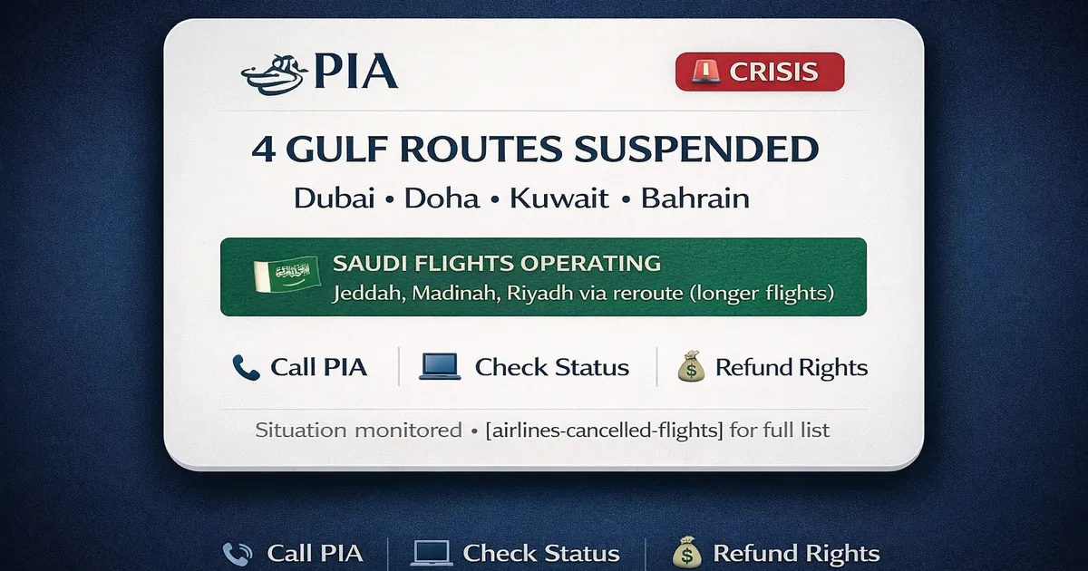 PIA suspends Gulf flights to UAE Bahrain Doha and Kuwait in 2026 with suspended destinations list, Saudi routes rerouted but operating, Boeing 777 longer flight paths, official update checks, and passenger rebook or refund steps
