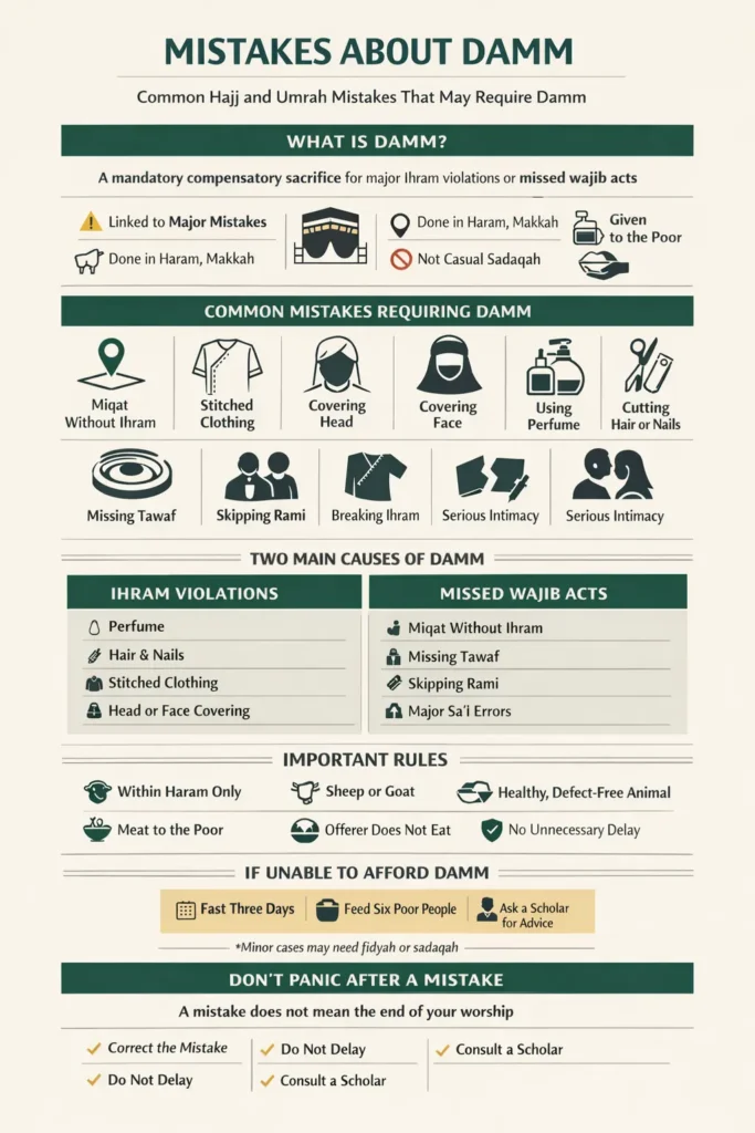 Infographic cheat sheet of pilgrimage expiation: miqat crossing, stitched clothing, head/face covering, fragrance, hair and nails, tawaf and sa’i mistakes, rami and tawaf al-wida, plus haram slaughter rules and non-cash requirement