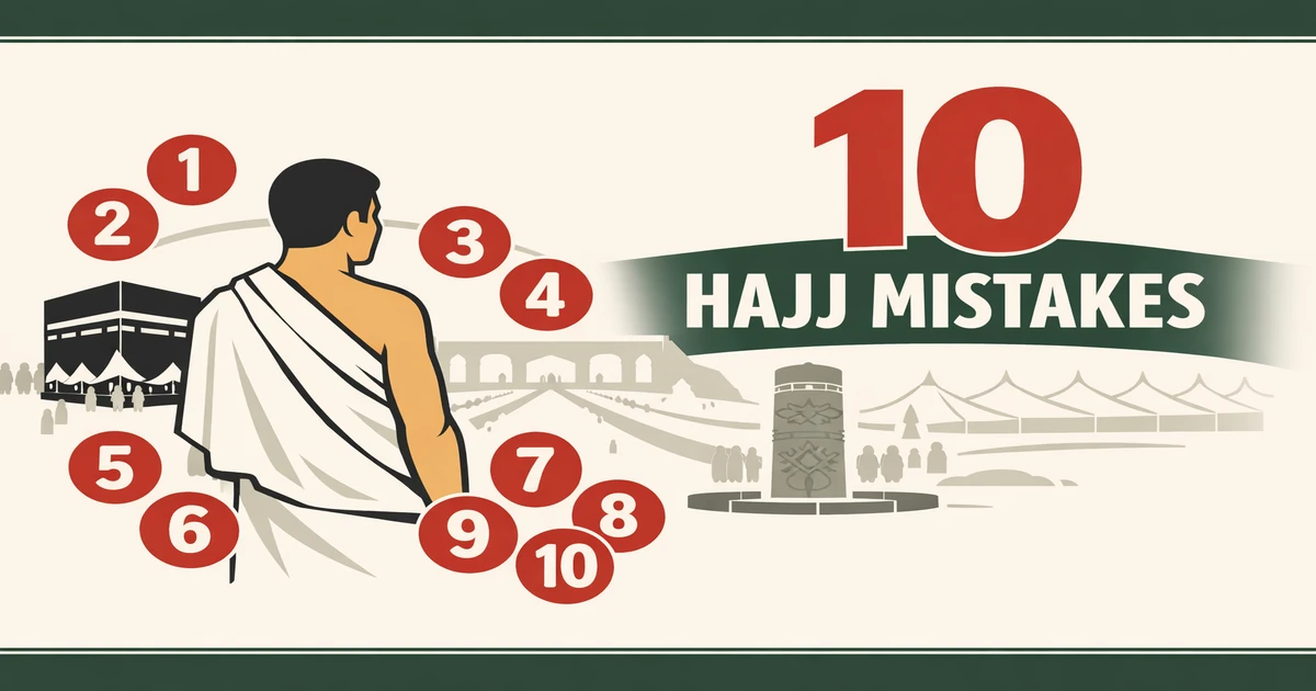 Pilgrimage ritual error checklist covering ihram and miqat slips, tawaf crowd mistakes, sai counting issues, Arafat boundary timing, Mina and Muzdalifah oversights, Jamarat pebble rules, and heat safety tips (2026)