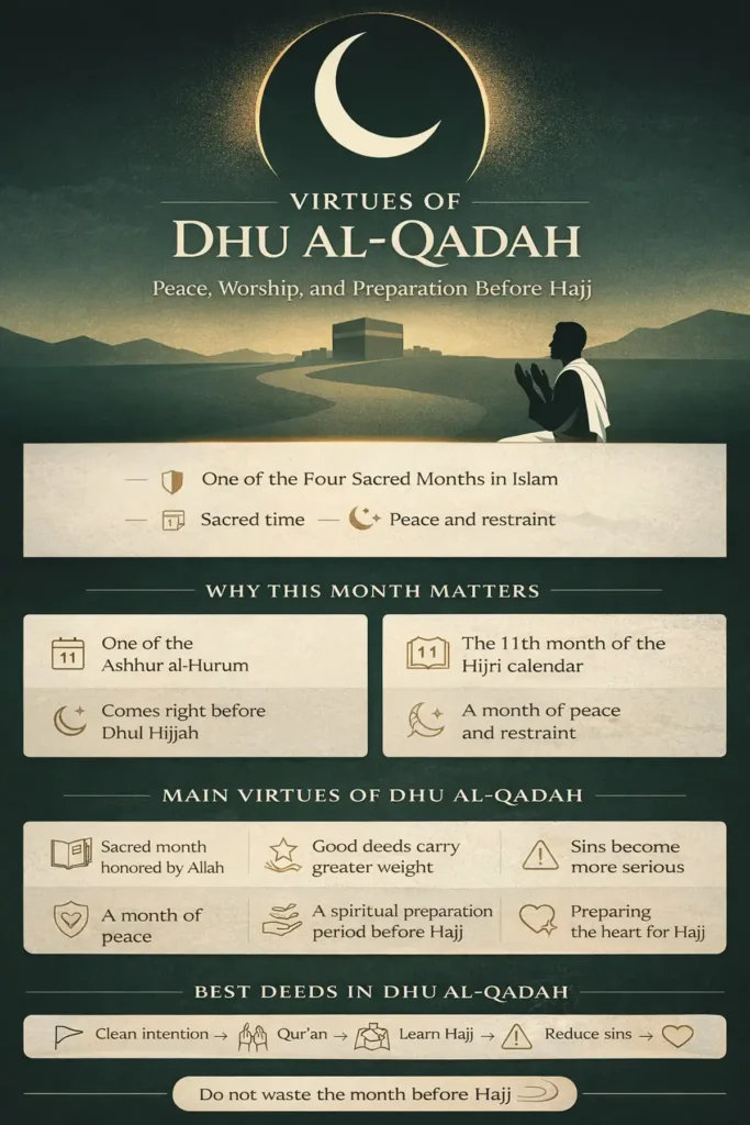 Pre-Hajj sacred month virtues: increased reward for good deeds, stronger warning against wrongdoing, fasting options (Mon/Thu, white days), and lessons from Hudaybiyyah and Bay‘at al-Ridwan (2026)