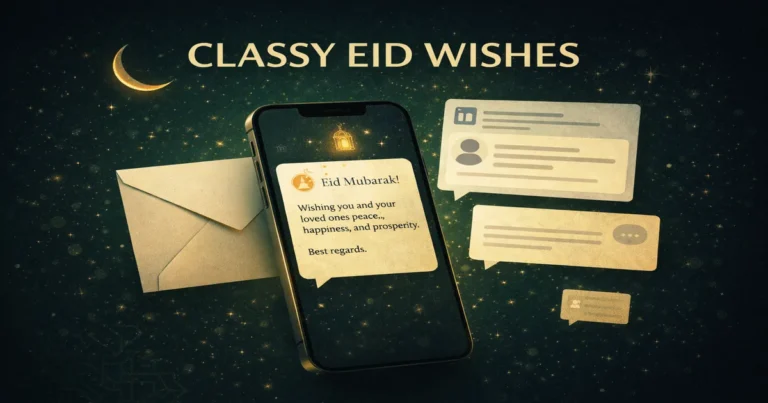 Professional formal Eid wishes for colleagues and clients with corporate email subject lines, WhatsApp chat messages, LinkedIn notes, and business-safe greeting card wording (2026)