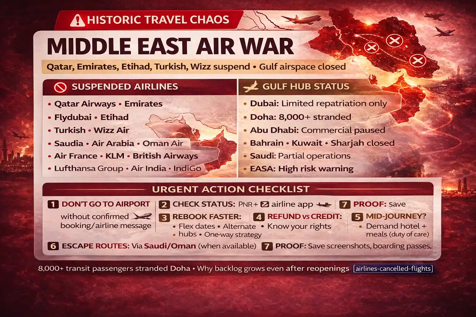 Qatar Airways, Emirates, Etihad, Turkish and Wizz flight suspensions with Gulf hub disruption in Dubai Doha Abu Dhabi, stranded transit guidance, repatriation flights meaning, refund versus travel credit, and rerouting options via Saudi or Oman
