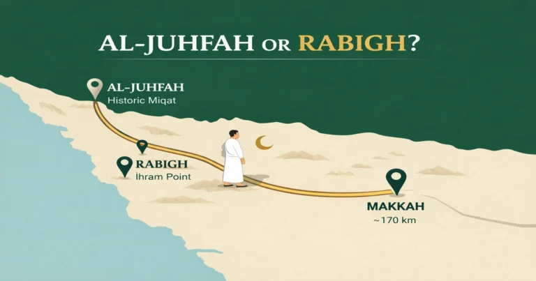 Rabigh miqat ihram point guide with location northwest of Makkah, distance ranges (178–187 km), who uses it (Levant, Egypt, Maghrib, Africa), and when to make niyyah before crossing