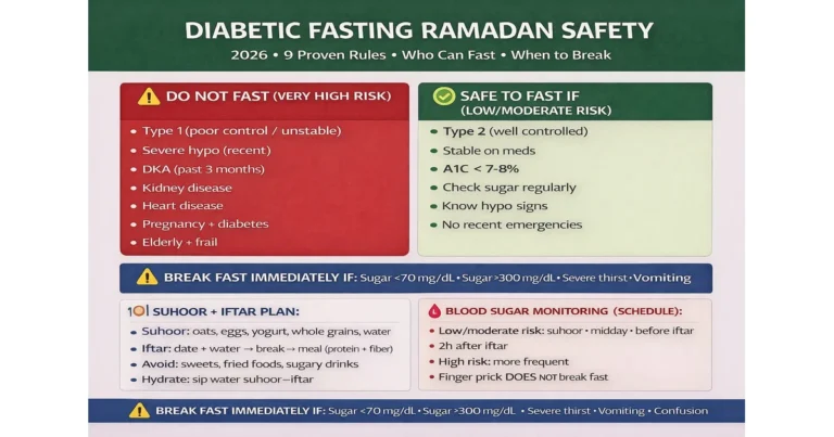 Ramadan diabetes safety guide with Type 1 vs Type 2 risk levels, blood sugar check schedule, hypo 15-15-15 treatment, high sugar ketone warning, and break-fast cutoffs (2026)