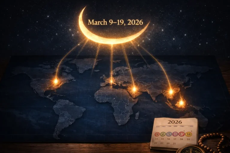 Ramadan start date by country guide for 2026 with sunset-to-sunset night counting, odd nights list (21 23 25 27 29), travel shift rule, and last ten nights checklist