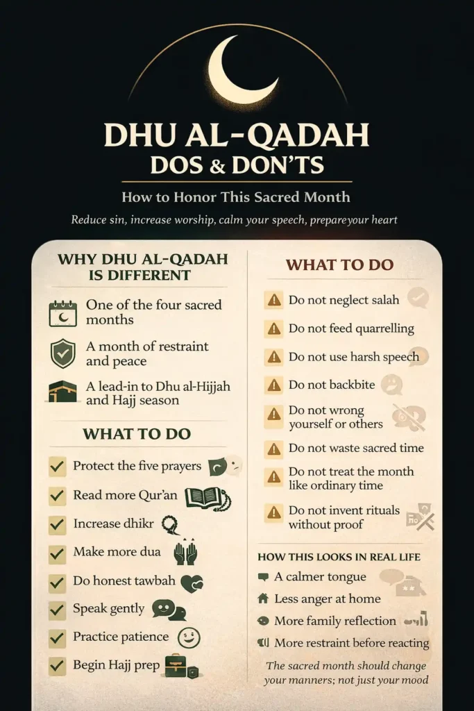 Dhu al-Qadah Dos and Don’ts 2 Sacred month dos and don’ts infographic checklist showing peace and restraint, conflict avoidance, tawbah dhikr dua focus, family routines, and pre-pilgrimage preparation steps (2026)
