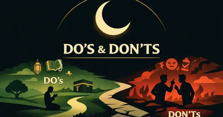 Sacred month dos and don’ts guide highlighting peace and restraint, avoiding quarrels and harsh behavior, focusing on tawbah dhikr dua, family reflection habits, and pre-pilgrimage preparation (2026)