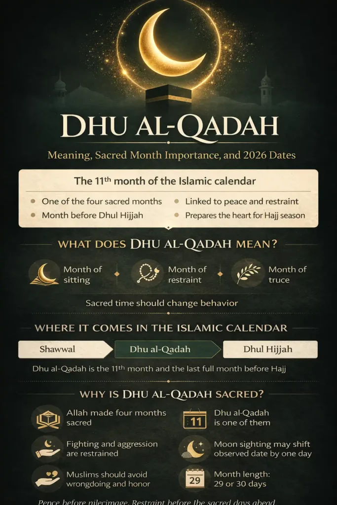 Dhu al-Qadah 2 Timeline-style visual covering truce meaning, Hudaybiyyah and Pledge of the Tree, sacred months rule about conflict, good deeds focus, and moon-sighting date guidance (2026)