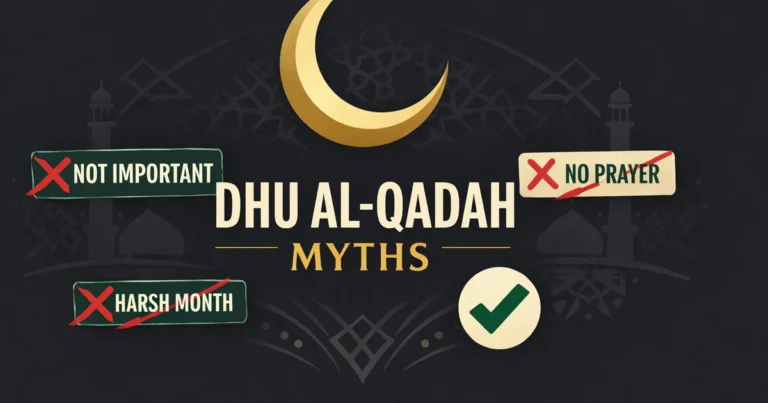 Fact-check graphic correcting sacred month myths: no fixed month-wide fast, Umrah allowed, marriage permitted, not the same as the Hajj month, and no fixed special rituals or dua (myth vs reality)