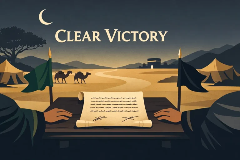Sacred-month truce story showing the Umrah journey blocked near Makkah, pledge under the tree, key treaty conditions, and the “clear victory” message linked to Surah Al-Fath (6 AH)