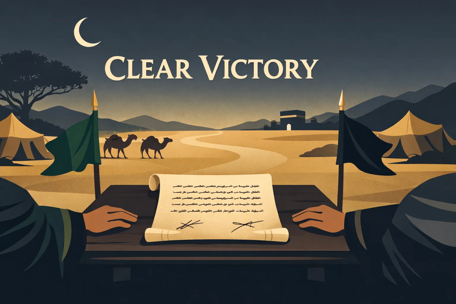 Treaty of Hudaybiyyah in Dhu al-Qadah: Clear Victory, Terms, and Lessons 1 Sacred-month truce story showing the Umrah journey blocked near Makkah, pledge under the tree, key treaty conditions, and the “clear victory” message linked to Surah Al-Fath (6 AH)