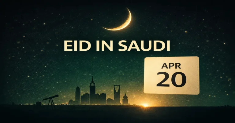 Saudi 1447/2026 holiday break guide with Shawwal crescent announcement timing, public and private sector days off patterns, SAMA bank holiday hours, Eid prayer basics, zakat al-fitr timing, and what’s open or closed