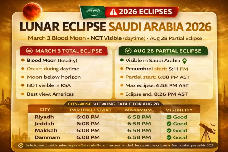 Saudi 2026 lunar eclipse visibility guide with March 3 Blood Moon not visible explanation, August 28 partial eclipse timing in AST, and city checks for Riyadh Jeddah and Makkah with safe viewing tips and Salat al Khusuf notes