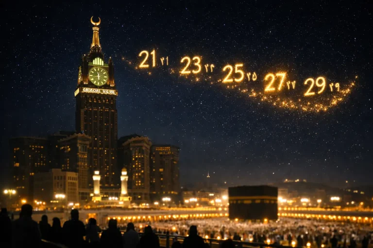 Saudi Ramadan last ten nights guide with March 2026 odd-night dates, Makkah and Madinah prayer tips, moon-sighting date notes, Allahumma innaka afuwwun dua, and simple qiyam plan (2026)