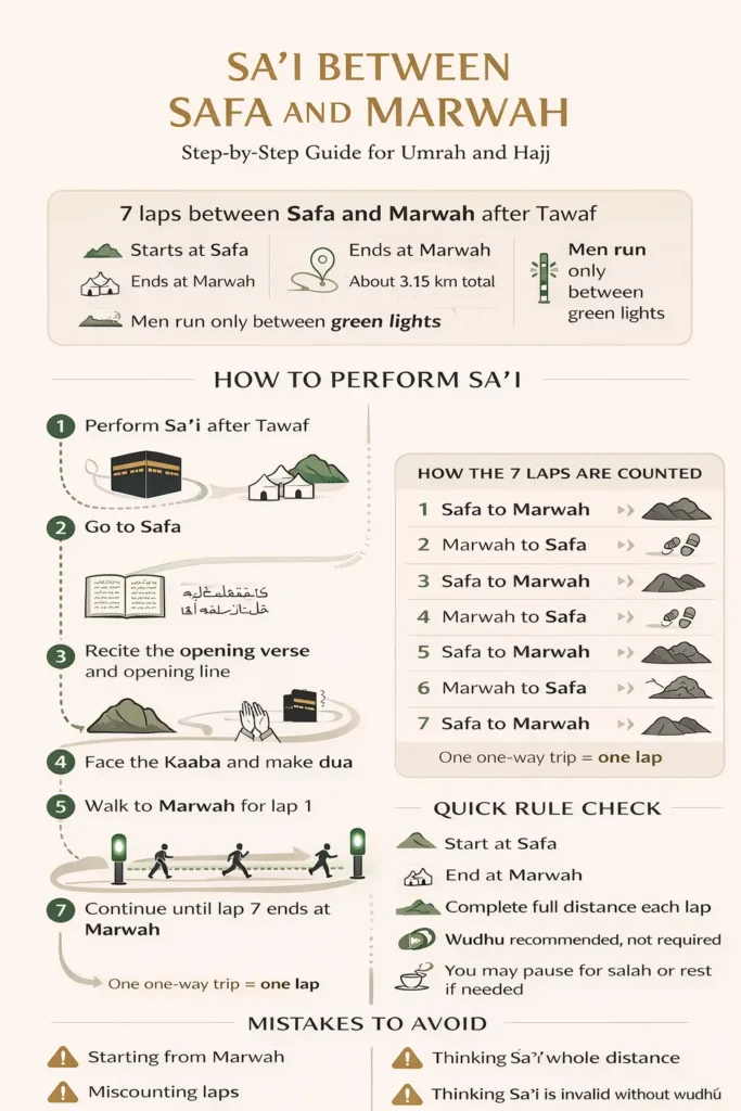 Pilgrim route map-style visual with Safa-to-Marwah direction, lap counter 1–7, green-marker sprint zone for men, dua cue points at both ends, and total walk distance guidance