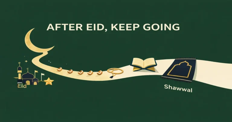 After Eid worship checklist with six Sunnah fasts timing, non-consecutive schedule options, niyyah reminders, Quran and dhikr routines, charity habits, family ties steps, and a simple istiqamah plan (2026)