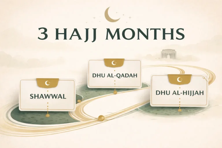 Pilgrimage season timeline showing Shawwal, Dhu al-Qadah, and Dhu al-Hijjah with Qur’an 2:197 context, order of months, tamattu link, ihram timing, and Umrah-in-season clarification