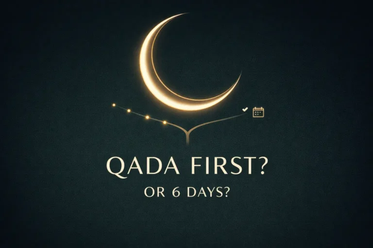 Shawwal fasts before qada of missed Ramadan comparison showing two scholarly views, women missed days cases, intention rules, combining qada with Shawwal debate, and practical schedules (2026)