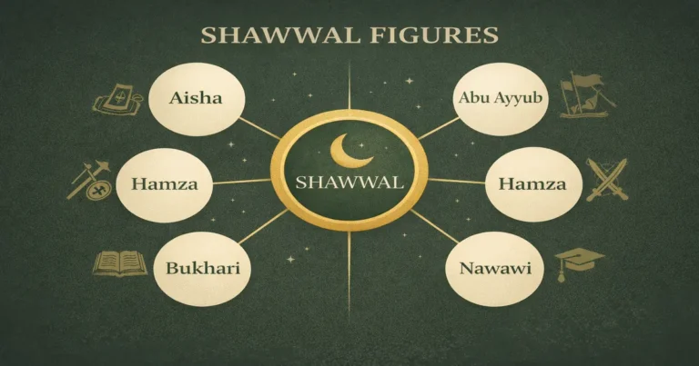 Shawwal figures guide covering Aisha Abu Ayyub Hamza Khalid Bukhari Jafar al-Sadiq Nawawi with six fasts context, Uhud Hunayn Taif links, and beginner timeline